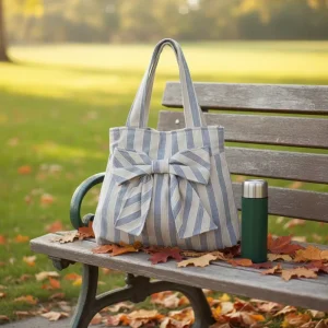 Personalized Bow Striped Shopping Bag Eco-Friendly Portable Large Capacity Daily Use Tote Bags for Women