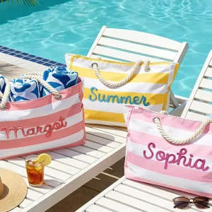Personalized Custom Embroidered Logo Colorful Striped Beach Swimming Bags Large Capacity Shoulder Shopping Tote Bag For Women