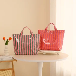 Personalized Custom Logo PVC Tote Bag Striped Waterproof Handbag Fashion Reusable Daily Casual Shopping Bag