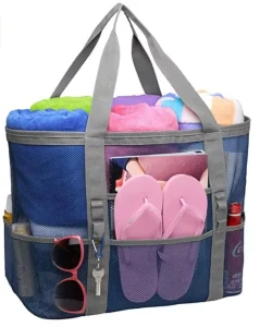 Personalized F color Mesh Beach Bag Oversized Beach Grocery Tote 9 Pockets Light Weight Beach Toy Bag