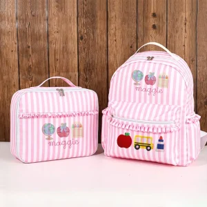 Personalized Girl Large School Custom Ruffle School Backpack Lunch Bag Nylon Strip Bookbag