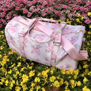 Pink Bow Flower Printing Waterproof Large Capacity Nylon Outdoor Gym Bag Luggage Cases Travel Bag Duffel Bag for Women