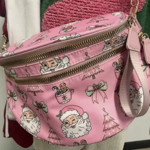 Pink Christmas Theme Nylon Crossbody Bum Bags for Women Double Zipper Shoulder Bag Fashion Trendy Fanny Pack