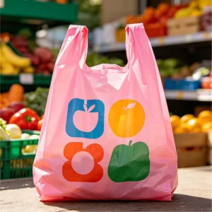 Pink Printed Vest Plastic Bag Thick & Tearproof Food Grade Disposable for Shop Takeaway Grocery Market Packing Bag