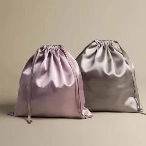 Pink and Grey Satin Drawstring Dust Bag Polyester Fabric Custom Logo for Handbag and Shoe Storage