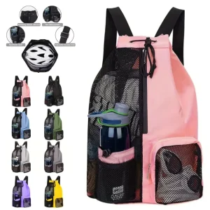 Polyester Sports Bag Unisex Swim Beach Gym Workout Kit Bag Drawstring Backpack Mesh Lined Backpack