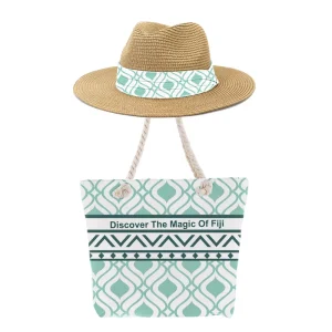 Polynesia Panama Hats Custom Logo Printed Spring Summer Beach Zipper Portable Tote Bag and Hat Set for Women