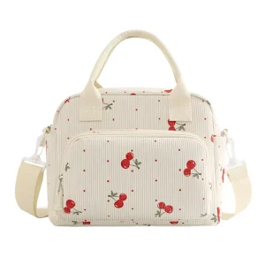 Portable Cute Cherry Pattern Corduroy Cooler Bag Leopard Keep Cool Insulated Bento Box Lunch Bag For Student Worker