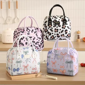 Portable Insulated Durable Polyester Printed Lunch Bag with Zipper Closure Fashionable Large-capacity for Outdoor Use