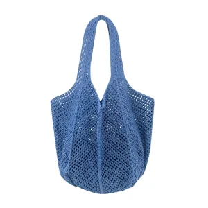 Portable Knitted Shoulder Tote Bag Woven Crochet Hand Beach Hollow Mesh Solid Color Embroidered Beach Shopping Bag