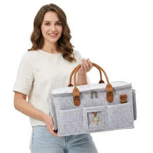 Portable Rectangular Felt Tote Bag with Multiple Compartments and PU Straps for Baby Products Travel Storage