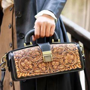 Portable Vintage Fashion Lady Dress Single Strap Flower Genuine Leather Shoulder Bag Women Handbag Summer Anti Theft All
