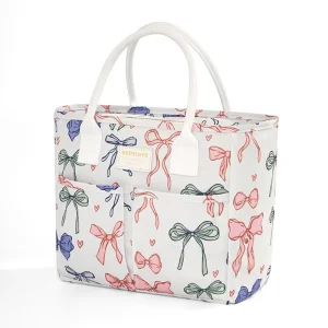 Portable Women’s Bowknot Pattern Keep Cool Cooler Bento Bag Cute Bow Lady PEVA Insulated Lunch Bag For Office School