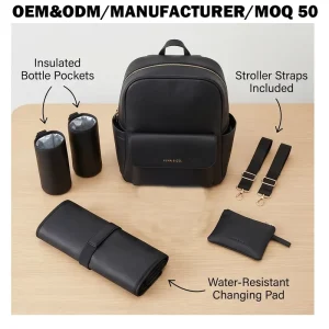 Premium Vegan Faux Leather Mommy Diaper Bag Backpack with Insulated Pockets Stroller Straps OEM Manufacturer Customization