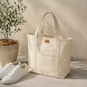 Premium Vintage Plain Canvas Tote Bag Tan Leather Patch Zipper Closure High-end Heavy Duty Reusable Aesthetic