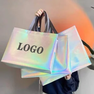 Price Custom Printed Recycle Reusable Holographic Silver PP Laminated Non Woven Tote Shopping Bag