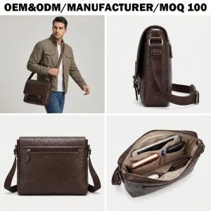 Private Label Custom Premium Eco Friendly Faux Ostrich Grain PU Leather Business Casual Men’s Messenger Bag OEM Manufacturer