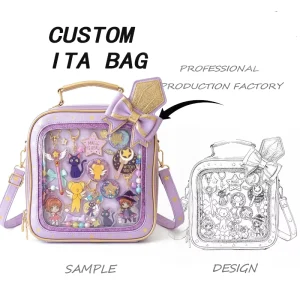 Professional Custom Square Purple Ita Bag Portable Clear Window Anime Pin Display Crossbody Bag for Conventions Events