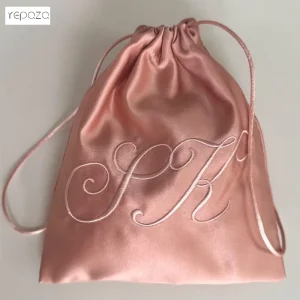 Promotional Soft Custom logo Monogram Embroidery Pink Color Drawstring Storage Pouches Reusable Satin Dust Bags