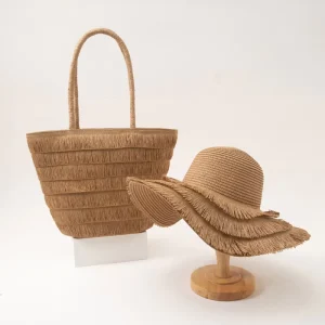 Pure Color Bohemian Style Women’s Spring Summer Beach Tote Bag Tassel Straw Hat Woven Zipper Closure Simple Polyester