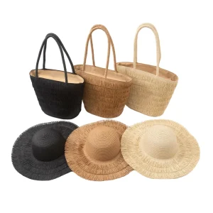 Pure Color Bohemian Style Women’s Spring Summer Beach Tote Bag Tassel Straw Hat Woven Zipper Closure Simple Polyester Material