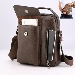 QET1034 Vintage Men’s PU Leather Crossbody Bag Office Business Handbag Purse Small Crossbody Bag