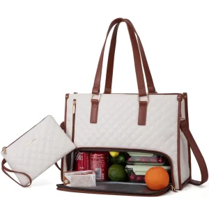Quilted Large Capacity 15.6 17 Inch Work Business Laptop Handbag With Insulated Lunch Compartment Tote Bag for Women