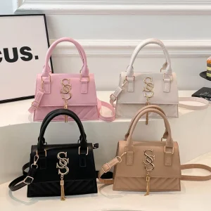 Quilted PU Leather Top Handle Bag for Women Small Square Crossbody Purse with Tassel and Metal Logo Trendy Commute Handbag