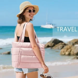 RTS Designer Nylon Puffy Quilted Beach Tote Bag Large Tote Multi Pocket Cup Slot Laptop Shoulder Bag Travel Beach Daily Use