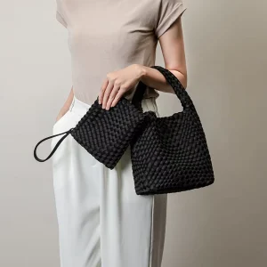 RTS Neoprene Weave Tote for Women Crossbody Woven Bag Lady Handbag for Outdoor Trendy Bucket Bag Top handle Hobo Bag with Purse