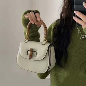 Real Bamboo Joint Single Shoulder Bag High End Texture Design Handbag Light Luxury Genuine Leather Crossbody Saddle Bag