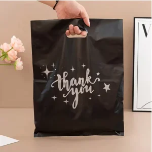 Recyclable Flat Top Thank You Bags Custom Logo Printing Die Cut Plastic Tote Bag with Handle Shopping Bag Thank You Plastic Bag