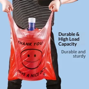 Red PE Plastic Thickened Vest Style Tote Bags with Recycled Materials for Takeout Food Packaging and Shopping
