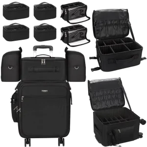Relavel Professional Rolling Black Nylon Cosmetic Cases 4 in 1 Makeup Train Case Travel Cosmetic Bags for Makeup Artist