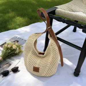 Resort style Seaside Beach Bag Large capacity Fashionable Hollow out Design Versatile Shoulder Bag Effortlessly Chic Polyester