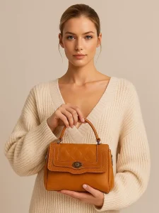 Retro Brown Diamond Embossed Top Layer Cowhide Waterproof Two Soft Handles Cover Closure Saddle Shape Designer Handbag