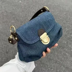 Retro Color Blocking Single Shoulder Lady Underarm Bag New Fashionable Hand Held Girl Crossbody Bag Women Denim Lock Pleated Bag