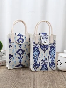 Retro Ethnic Style Mobile Phone Bag Geometric Pattern Handbag Tourist Souvenir Shoulder Crossbody Zip Single Strap for