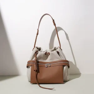 Retro Flax Woven Crossbody Purse with Top Grain Cowhide Double Zipper Pocket Casual Chic Lady Large Shopping Basket Bag Low MOQ