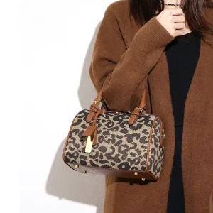 Retro Leopard Print Linen Boston Bag Premium Fashion Handbag Shoulder Bag Trendy Pillow Bag for Party and Daily Use