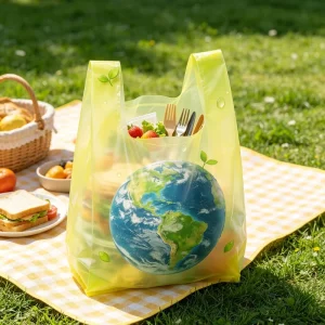 Reusable Green Plastic T-Shirt Bags Eco Conscious Durable Carry Bags for Supermarket Checkout Picnic