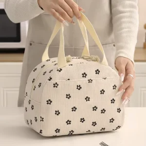 Reusable Insulated Lunch Bag Cute Corduroy Tote Cooler Bag with Zipper Closure