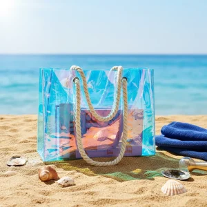Reusable PVC Beach Tote Bag Custom Printed Logo Holographic Clear Shopping Bag Rope Reinforced Handles