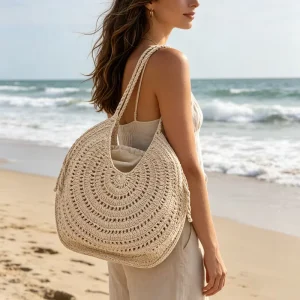 Round Cotton Embroidery Beach Bag Women Handmade Crochet Woven Handbag Spring Summer Large Capacity Tote Bags