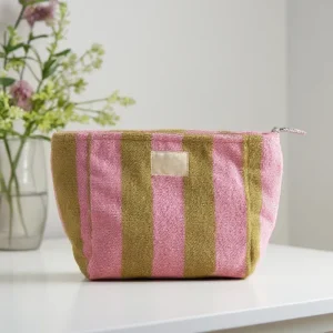 Royal Fair Custom ODM Portable Blocking Striped Terry Cloth Skincare Makeup Bag Durable Cosmetic Bag with Zipper for Daily Use