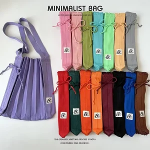 Shopping Bag Ins style Pleated Design Foldable Color blocked Knitted Polyester Two strap Handbag Accordion Bag Women Patchwork