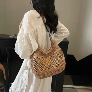 Shoulder Straw Woven Bag Handmade Zipper Closure Single Strap Womens Large Capacity Seaside Holiday Beach Underarm Tote Bag