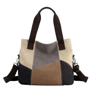 Simple Fashion Women’s Contrast Canvas Bag Single Strap Large Capacity Retro Color Stitching Business Commute Zipper Shoulder