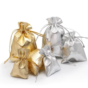 Small Gold and Silver Metallic Drawstring Dust Bag for Jewelry Gift Wedding Candy Packing