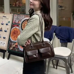 Small PU Leather Double Pockets Shoulder Bags for Women Female Bowling Underarm Bag Lady Simple Handbags